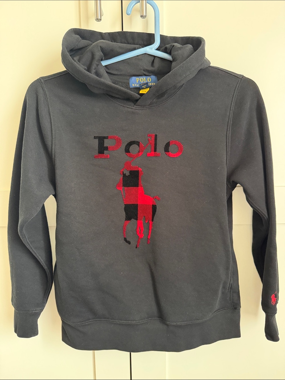 Polo by Ralph Lauren Black Hoodie with Red Polo Buffalo check Motif boys Medium
